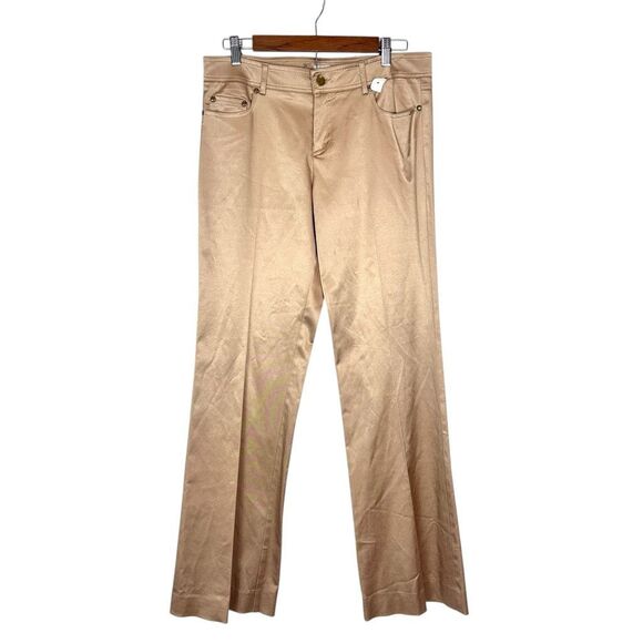 Cache Gold Dress Pants Womens 10 Beige Flare Leg Stretch Cotton Trouser Shiny - Picture 1 of 15